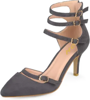 YDN Women Sexy Pointed Toe Stiletto Low Heels Ankle Strap Pumps with Zipper Comfort Buckled Strappy Slip On Suede Work Party Dressy Shoes