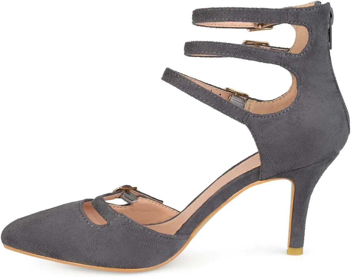 YDN Women Sexy Pointed Toe Stiletto Low Heels Ankle Strap Pumps with Zipper Comfort Buckled Strappy Slip On Suede Work Party Dressy Shoes