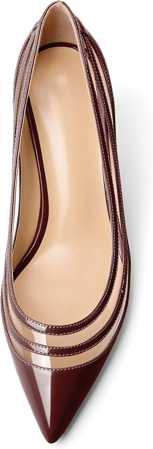 Zamikoo Women Pumps Kitten Heel Pointed Toe Low Heel Pumps with Clear PVC Straps Patent Fashion Dress Shoes US Size 5- Size 13 1.5 Inches