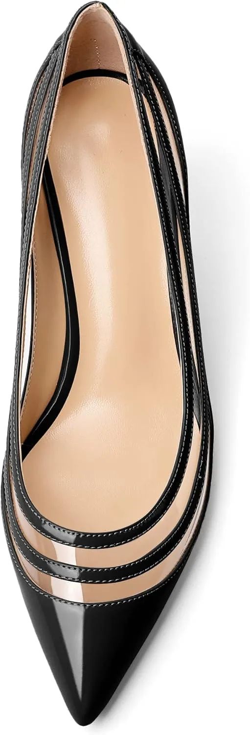 Zamikoo Women Pumps Kitten Heel Pointed Toe Low Heel Pumps with Clear PVC Straps Patent Fashion Dress Shoes US Size 5- Size 13 1.5 Inches