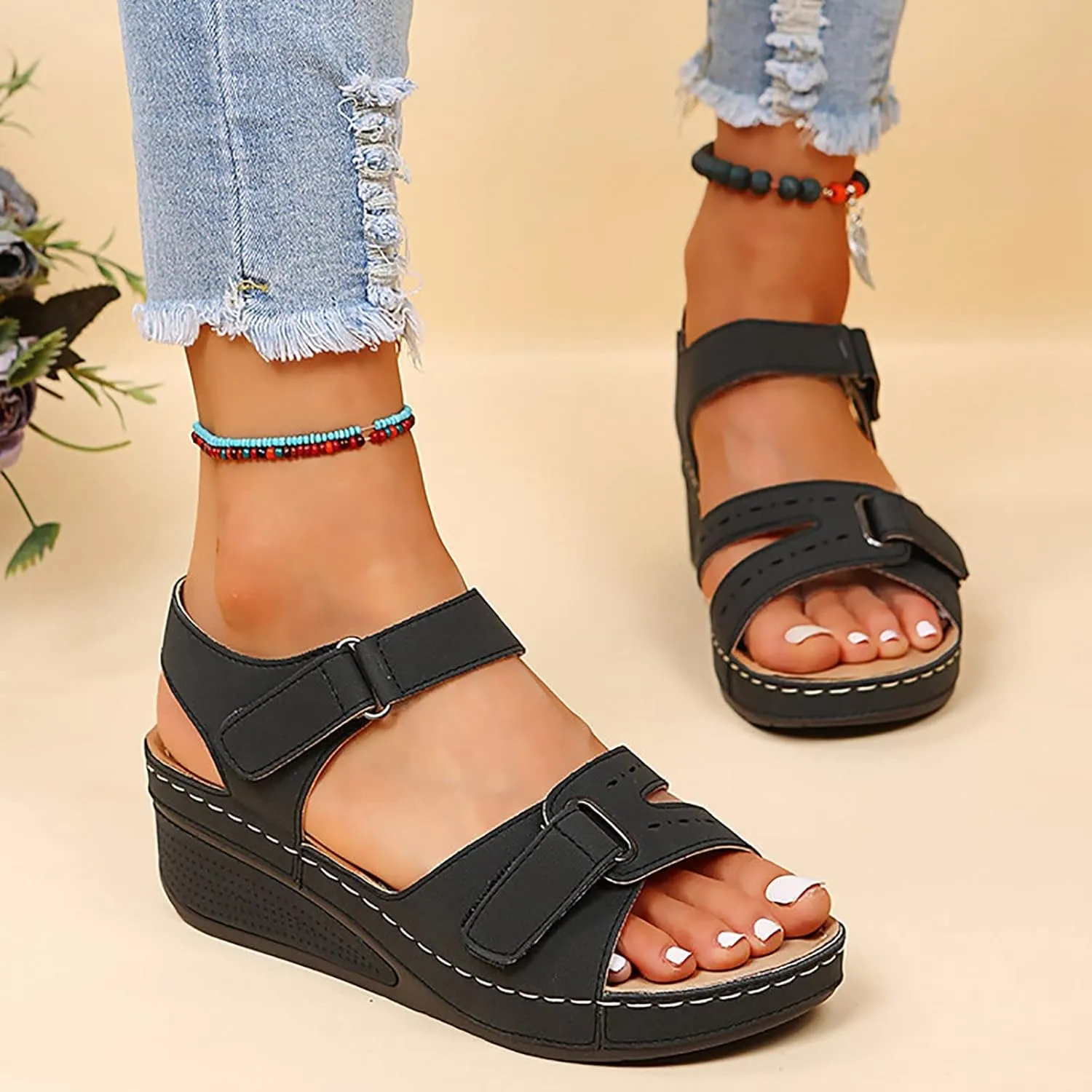 ZBYY Women's Summer Sandals Casual Bohemia Gladiator Wedge Shoes Comfortable Open Toe Ankle Strap Outdoor Beach Sandals