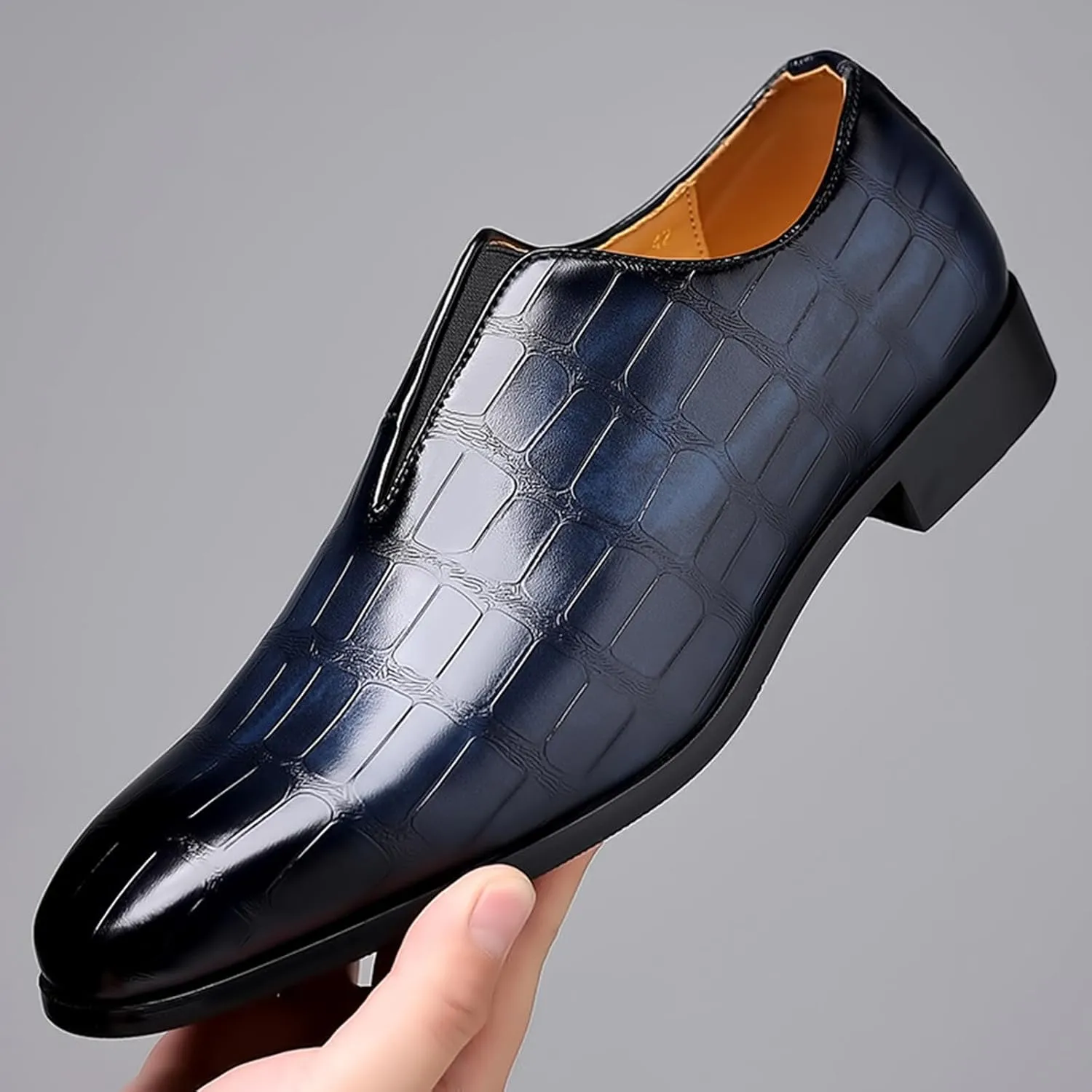 Zeberfi Men's Stone Pattern Leather Slip On Dress Loafers Fashion Elastic Strap Pointed Toe Low Top Non-Slip Luxury Business Formal Shoes