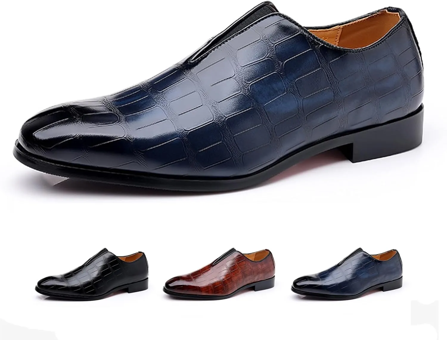 Zeberfi Men's Stone Pattern Leather Slip On Dress Loafers Fashion Elastic Strap Pointed Toe Low Top Non-Slip Luxury Business Formal Shoes