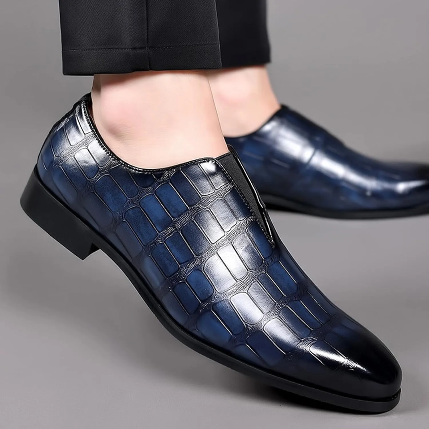 Zeberfi Men's Stone Pattern Leather Slip On Dress Loafers Fashion Elastic Strap Pointed Toe Low Top Non-Slip Luxury Business Formal Shoes