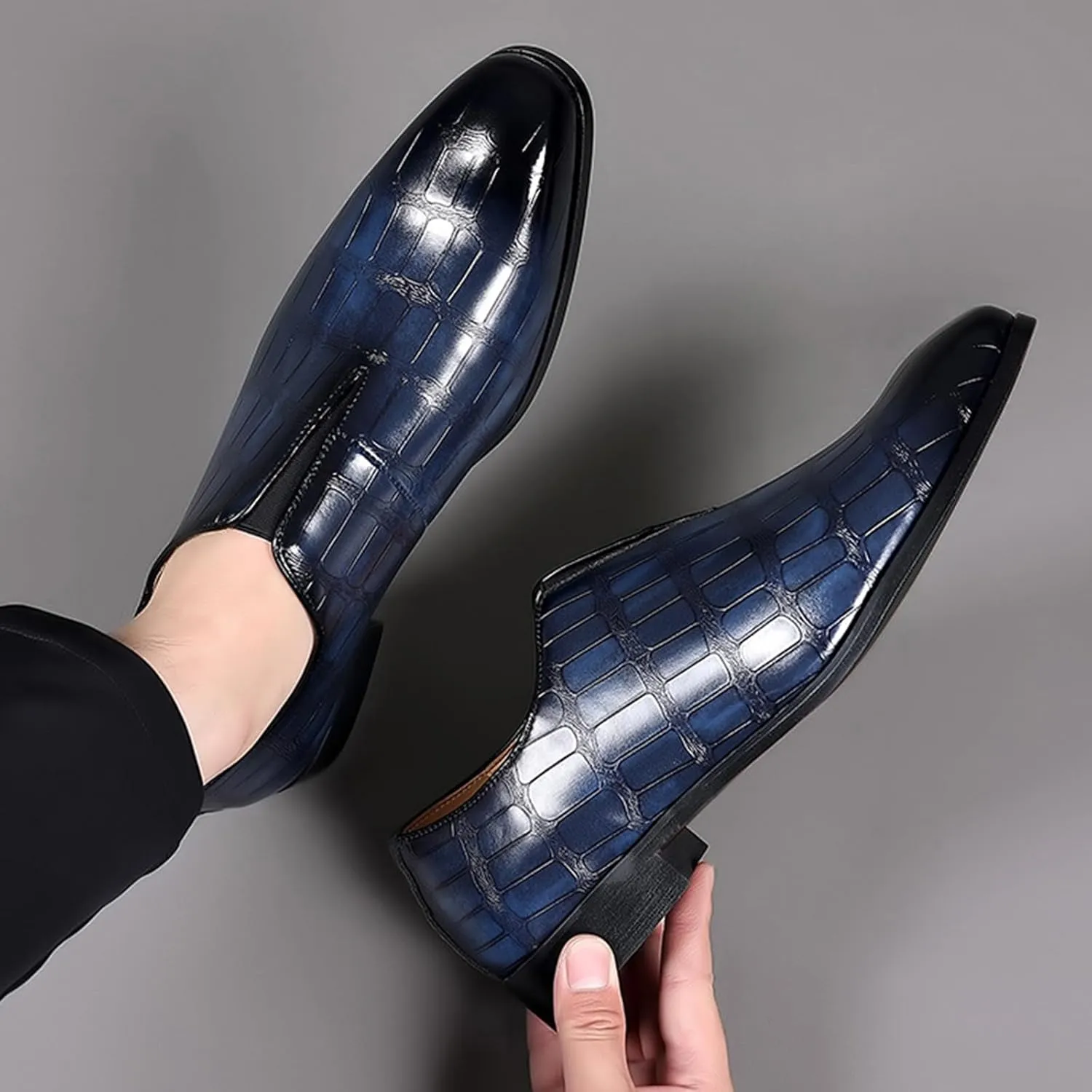 Zeberfi Men's Stone Pattern Leather Slip On Dress Loafers Fashion Elastic Strap Pointed Toe Low Top Non-Slip Luxury Business Formal Shoes