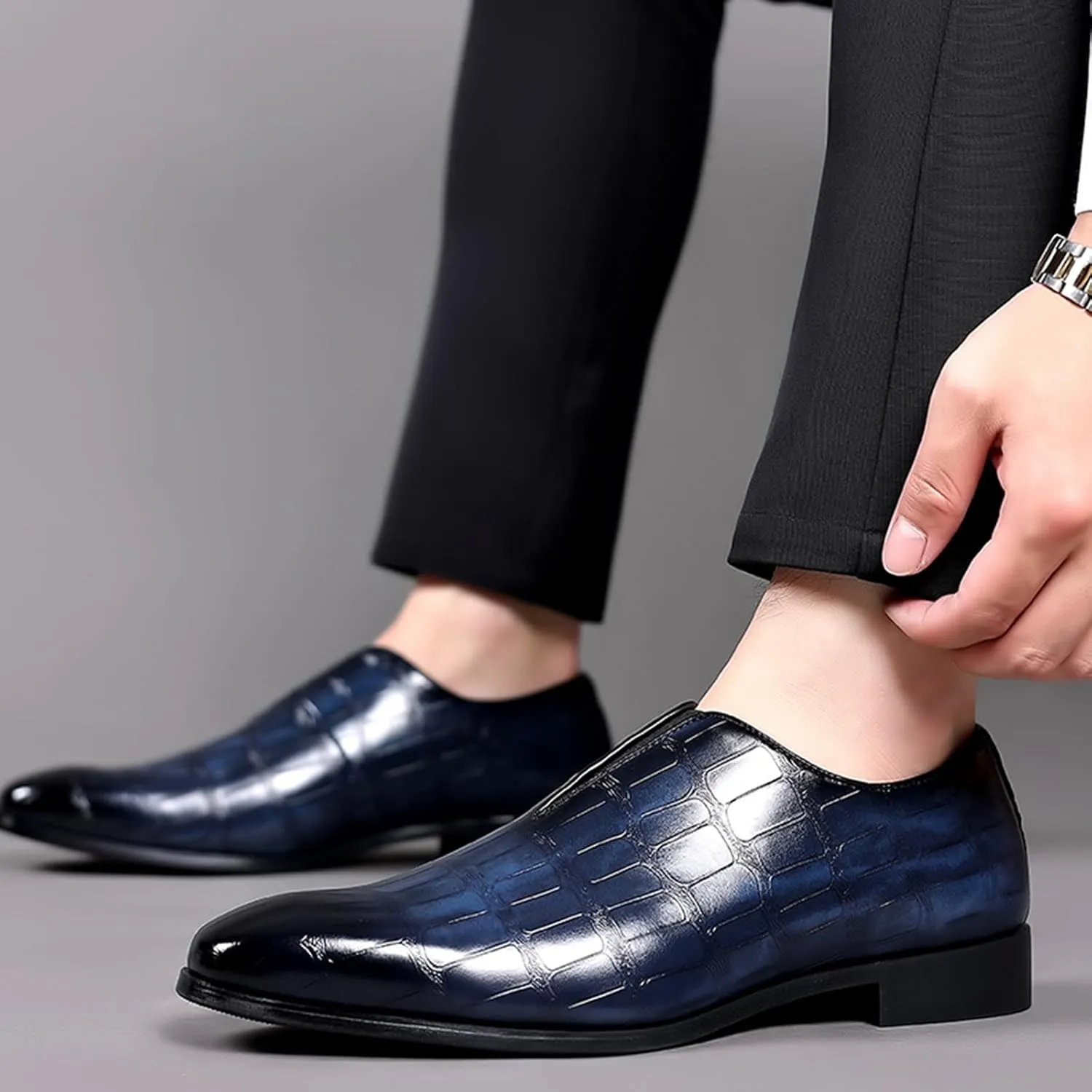 Zeberfi Men's Stone Pattern Leather Slip On Dress Loafers Fashion Elastic Strap Pointed Toe Low Top Non-Slip Luxury Business Formal Shoes