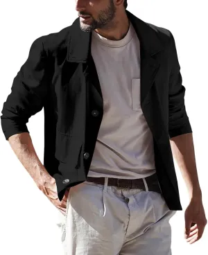 ZYXTIM Men's Lightweight Casual Cropped Canvas Windproof Jacket Coat Loose Fit Button Down Lapel Solid Cardigan Coat